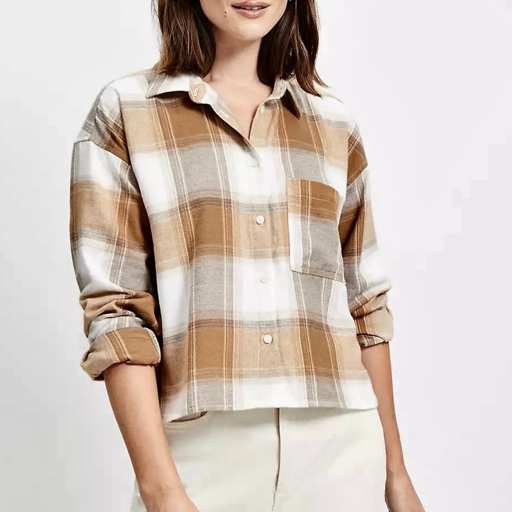 Loft Tan Plaid Modern Pocket Button Up Shirt